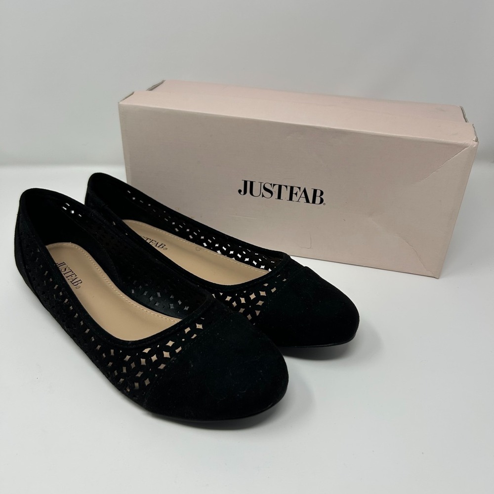 Justfab Take A Peek Womens US 9.5 Ballet‎ Flats Black Laser Cut Casual Slip On